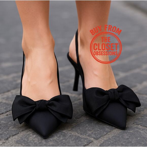 ZARA Black Bow Slingback Heels NWT – Embellished Pointed Toe Pumps, Size 7.5 - Picture 2 of 16